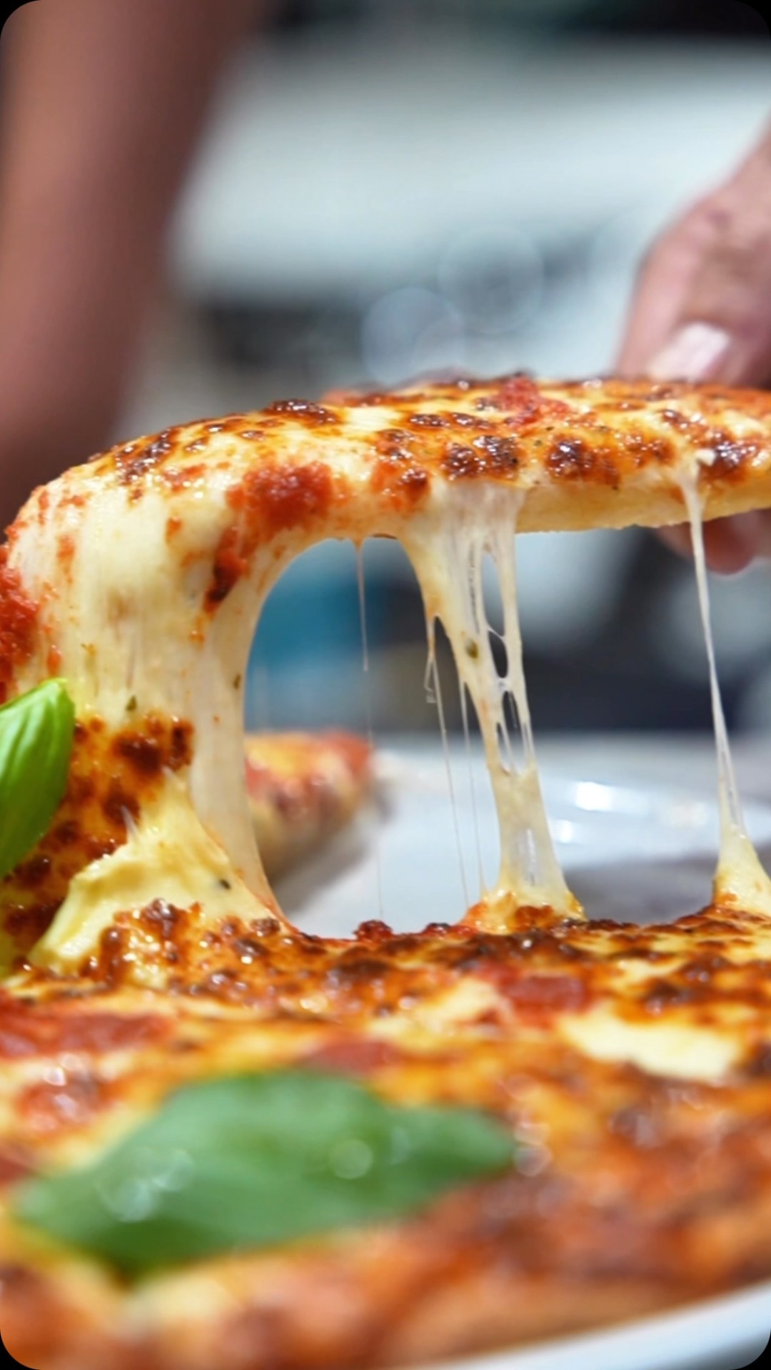 Wood-fired pizza with a dramatic cheese pull