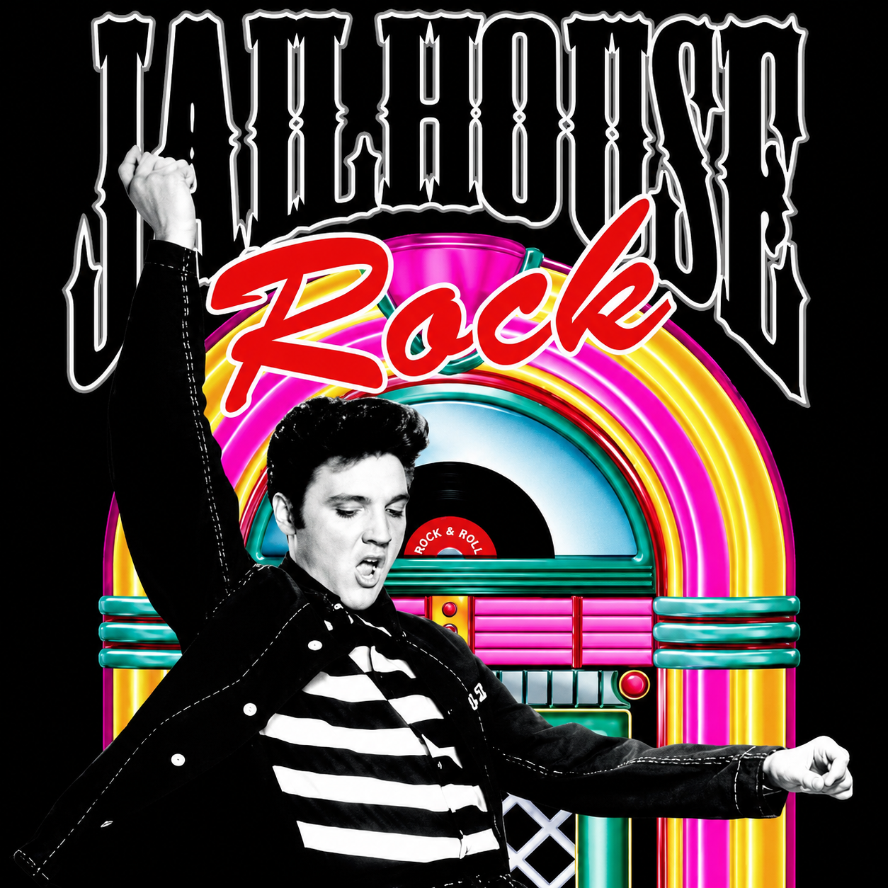 Elvis dancing in front of a neon jukebox — Jailhouse Rock