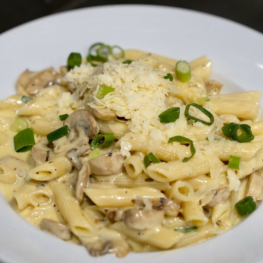 Creamy mushroom penne with parmesan